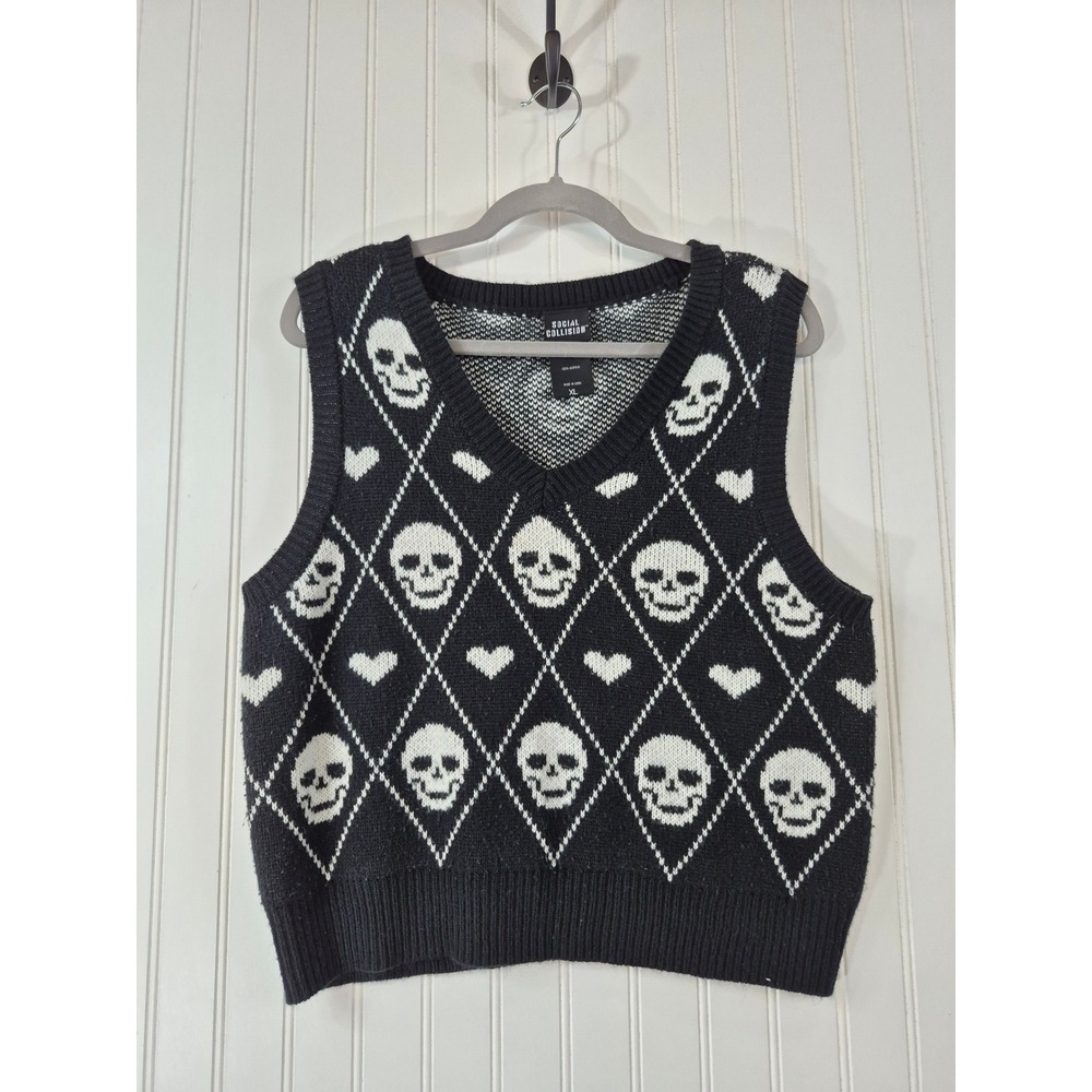 Social Collision Skull Heart‎ Argyle Knit Sweater Vest Black White Goth XL